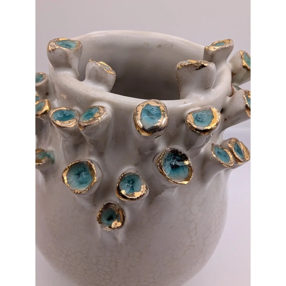 Anemone Bud Vase Small Barnacle Vase, Teal & Gold 4.5 inch